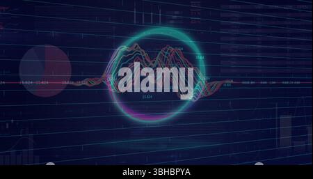 Image of neon circle over graphs and data on navy background Stock Photo