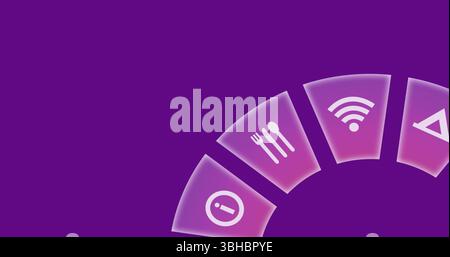 Image of travel icons spinning and copy space on pink background. Global travel, technology, digital interface and data processing concept digitally g Stock Photo