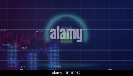 Image of neon circle with hourglass over digital screen with financial graphs Stock Photo