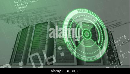 Showing four perforated server racks streaming code in data center ...