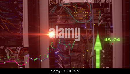 Displaying rack with blinking LEDs, Ethernet cables in datacenter, overlay chart with upward arrow. Technology, data, infrastructure, connectivity, di Stock Photo