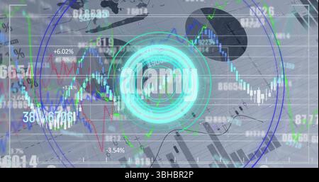Image of blue circular scanner over layers of processing data on grey background. Global communication, business, data and digital interface concept d Stock Photo