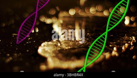 Floating green DNA helix drifting over digital art background, with two helix graphics, copy space. Futuristic, biotech, innovation, molecular, techno Stock Photo