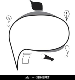 text bubble with icons around: question mark; exclamation mark; fountain pen; printing paper; megaphone Stock Vector