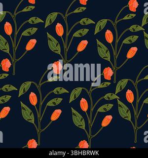 Seamless pattern with red flowers on dark blue background; can be printed on textile, wax cloth Stock Vector