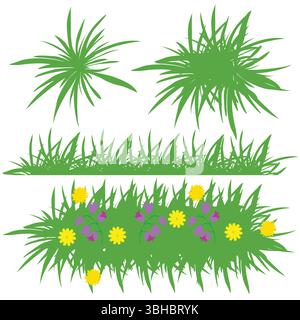 Set of grass on white background. Green bush blossom. Green grass set, collection. Vector illustration Stock Vector