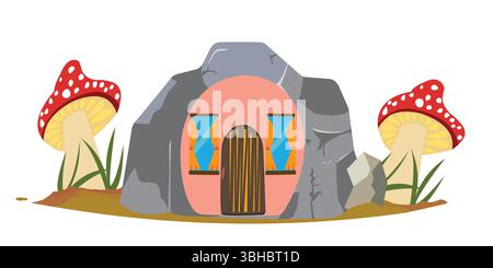 Fairytale cave with home entrance and two mushrooms; to print on greatings , cards Stock Vector