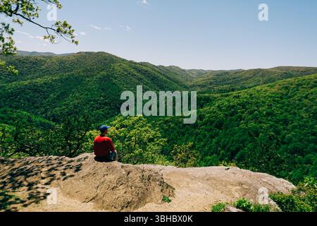 Man in red shirt sits on cliff overlooking Blue Ridge Mountains forest Stock Photo