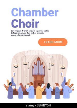 Chamber choir singing in church interior with organ chandeliers music sheets diverse singers architecture website banner Stock Vector
