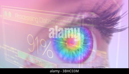 Image of caucasian female blue eye, business data processing on digital interface in foreground. Digital composite, multiple exposure, technology, ana Stock Photo
