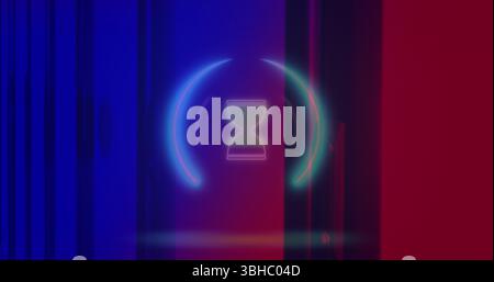 Image of neon circle with hourglass over servers. Global computers, network, data and technology concept digitally generated image. Stock Photo