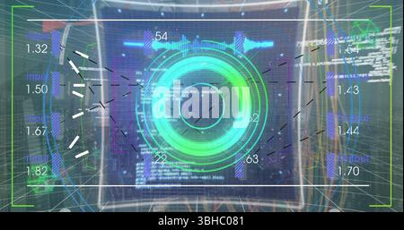 Image of processing circle and financial data on digital screen with glitch over wires. Global finance, economy, data processing and technology concep Stock Photo