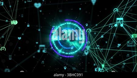 Image of neon circles over network of connections with icons in black space. Global network, connections and technology concept digitally generated im Stock Photo