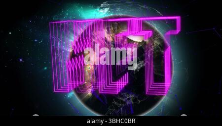 Image of nft text in purple over globe. Global cryptocurrency, computing, connections, data processing and digital interface concept digitally generat Stock Photo