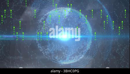 Image of purple lines and confetti over globe rotating in space. Global connections technology and digital interface concept digitally generated image Stock Photo