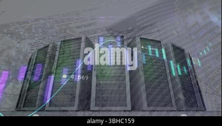 Displaying six black server cabinets at data center, with LED strips, chart overlays, code streams. Technology, data, infrastructure, digital, futuris Stock Photo
