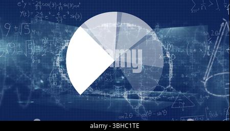 Displaying segmented pie chart overlaying dark blue interface with math formulas and network nodes. Data visualization, infographics, modern design, s Stock Photo