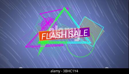 Displaying graphic animating neon shapes on gradient backdrop, featuring FLASH SALE banner. Vibrant, futuristic, geometric, digital, energetic, abstra Stock Photo