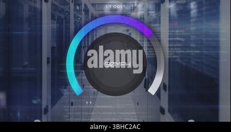 Image of speedometer and numbers over servers. Network, computers, speed, data processing and technology concept digitally generated image. Stock Photo