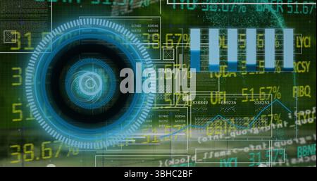Image of graphs, globe, processing circle and financial data on digital screen. Global finance, economy, data processing and technology concept digita Stock Photo