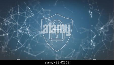 Displaying white shield emblem securing abstract digital network with padlock icon, nodes and lines. Cybersecurity, protection, security, technology, Stock Photo