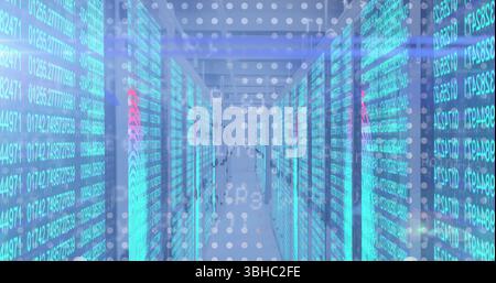 Corridor of server racks displaying cyan code overlay in data center, with LED indicator lights. Futuristic, technology, network, digital, infrastruct Stock Photo