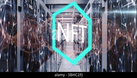 Image of nft text over neon hexagonal banner and human brain spinning against server room. Medical research and cryptocurrency business technology con Stock Photo
