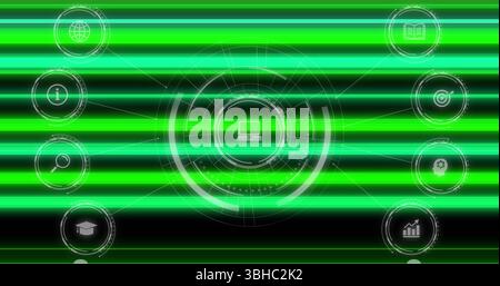 Image of media icons and neon lines over black background. Global business and digital interface concept digitally generated image. Stock Photo