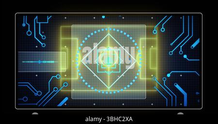 Image of neon stadium over data processing and scope scanning on black background. Global sport and digital interface concept digitally generated imag Stock Photo
