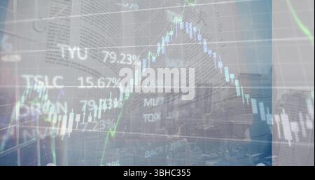 Image of graphs and data over cityscape Stock Photo