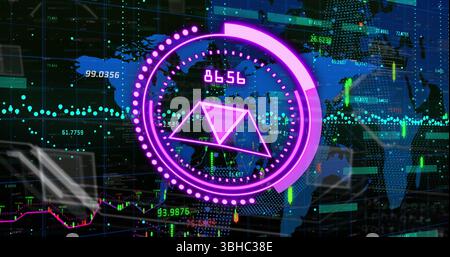 Image of purple circle with numbers over graphs and world map. Computers, data processing and technology concept digitally generated image. Stock Photo