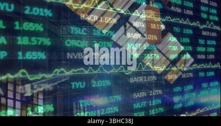 Displaying transparent digital stock ticker overlaying office, with line graph and window grid Stock Photo