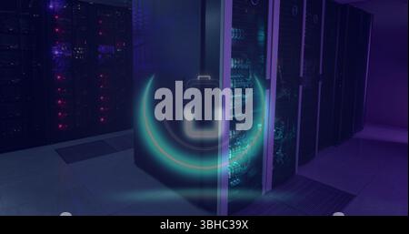 Image of neon circle with battery over servers. Digital screen, interface and technology concept digitally generated image. Stock Photo