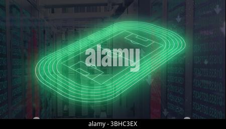 Image of green neon football stadium and data processing over computer server room. Global communication, sports, data and digital interface concept d Stock Photo
