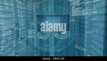 Image of 5g text, statistics and data processing over computer servers in background. Global networks, data processing, digital interface and connecti Stock Photo