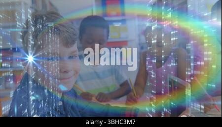 Image of moving columns and light trails over diverse schoolchildren. Global education, finances and digital interface concept digitally generated ima Stock Photo