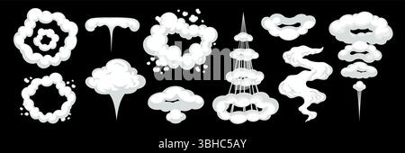 Cartoon smoke or cloud on black background. Vector Smoke rings and clouds in cartoon comic style. Great for action scenes, games, and animation Stock Vector