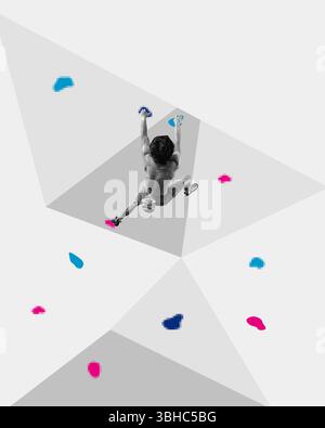 Male climber grips colored holds with intense focus inside angular wall structure. Conceptual art design. Retro pixel style Stock Photo