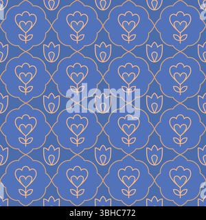 Floral pattern with gold line flowers. Vector floral seamless background in trendy minimalistic linear style abstract design. Stock Vector