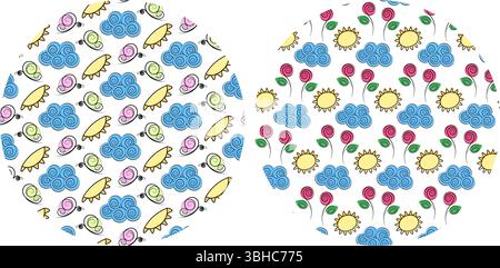 Freehand Butterflies Clouds Sun and Flowers Seamless Patterns on Circle Backgrounds Set Summer fond. Isolated Vector Illustration Greeting Thematic Cards or promo banners, leaflets, price tags, poster Stock Vector