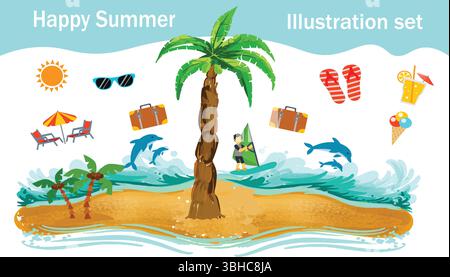 Textured illustrations and frames set for summer and the sea Decorations, ornaments, ribbons, juice, swimming, fishes, summer vacation, watercolor sty Stock Vector