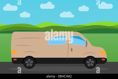Minibus in the background of nature landscape in the daytime.  Vector illustration. Stock Vector