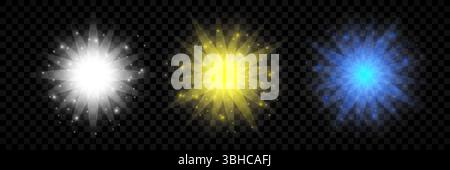 Light effect of lens flares. Set of three white, yellow and blue glowing lights starburst effects with sparkles on a transparent background. Vector il Stock Vector