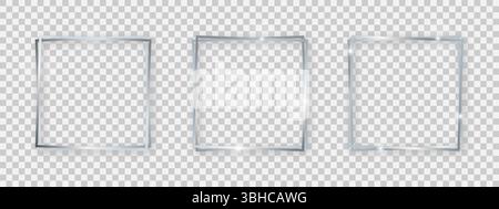Double square shiny frames with glowing effects. Set of three silver double square frames with shadows on transparent background. Vector illustration Stock Vector