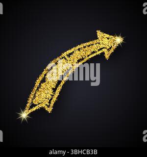 Gold glitter hand drawn arrow. Doodle arrow with gold glitter effect on dark background. Vector illustration Stock Vector