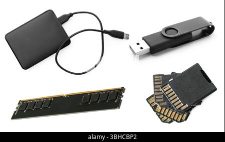 Different modern memory drives isolated on white, collage Stock Photo
