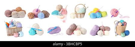 Knitting yarns and needles isolated on white, set Stock Photo
