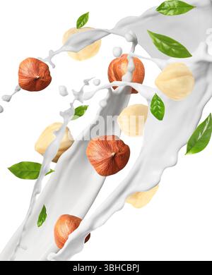 Nut milk splash with hazelnuts and green leaves in air on white background Stock Photo