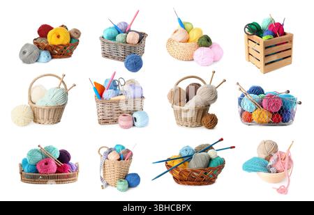 Knitting yarns and needles isolated on white, set Stock Photo