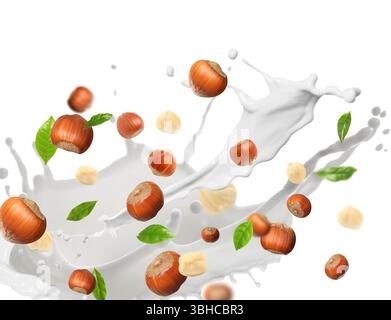 Nut milk splash with hazelnuts and green leaves in air on white background Stock Photo